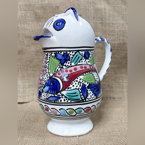 Cat Pitcher Vase Hand Painted Fish Art Pottery Kitsch Whimsical Coastal Grandma - Picture 2 of 8